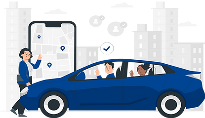 Two professionals inside a blue-colored car, with a third person approaching to join the carpool ride. A mobile mockup displays a map with pick-up points.