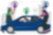 A female driver is seated inside the car, while two other passengers are walking towards the vehicle to join the carpool, facilitated by a carpool app.