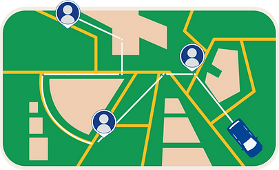 A map displaying the locations of individuals awaiting pickup by a blue car.