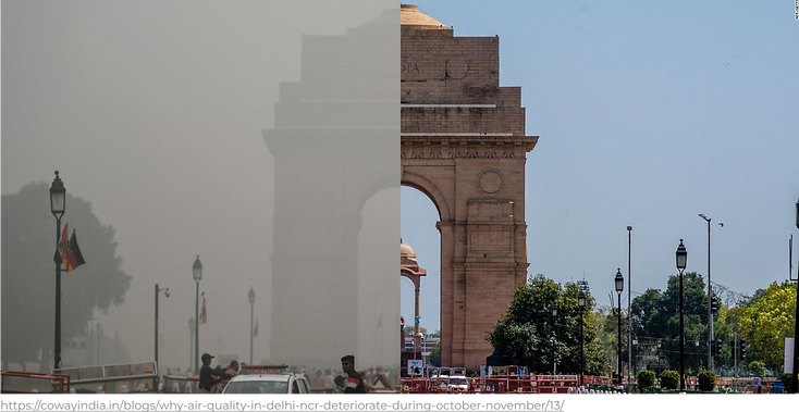 Comparison image of the India Gate in New Delhi with and without pollution